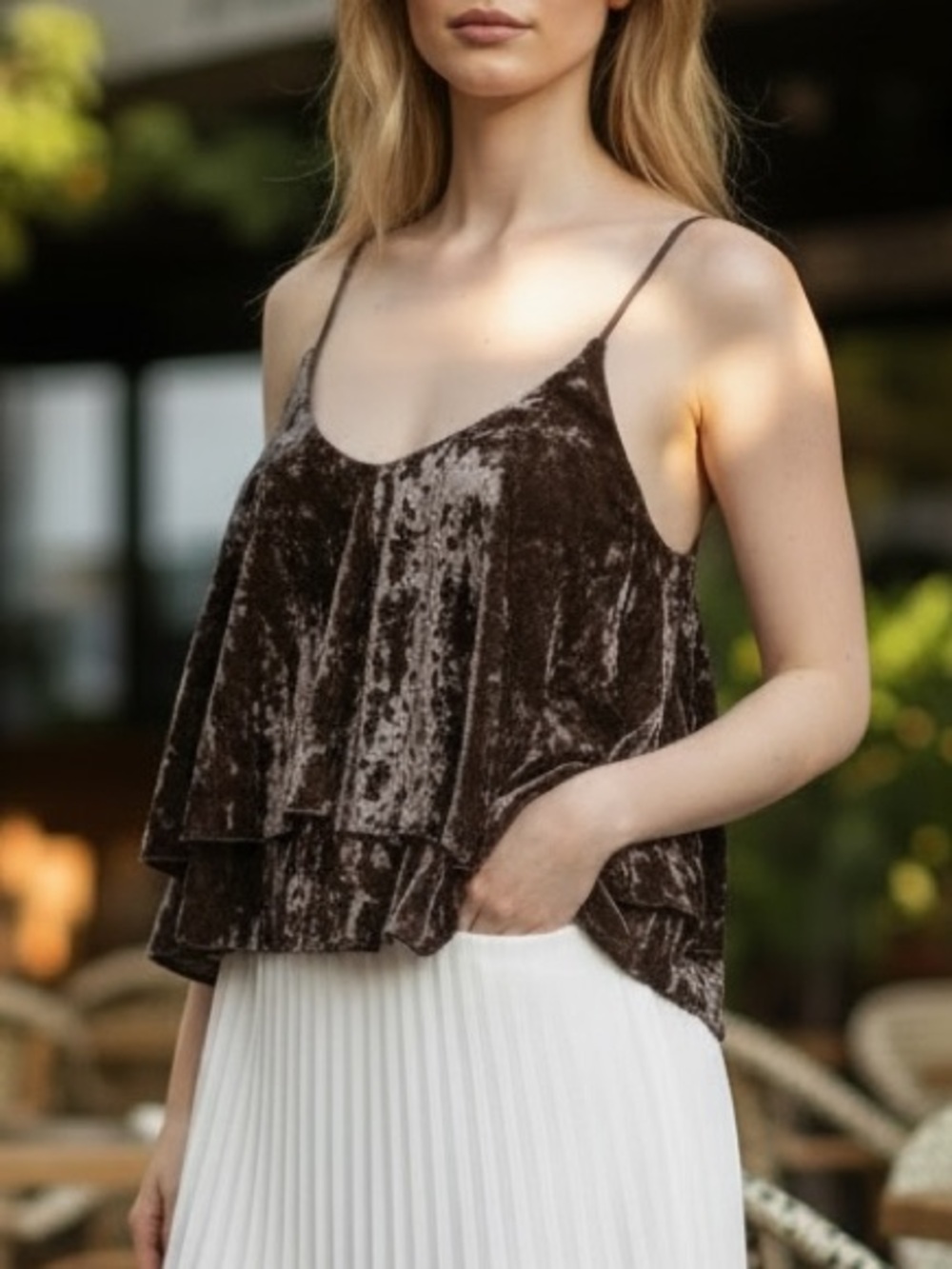 Buddy Love Brown Velvet Tiered Flowy Cami Blouse